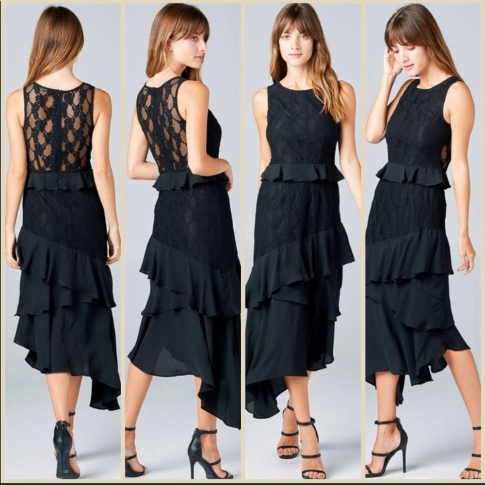 Strut & Bolt Black Lace Asymmetrical Ruffle Dress